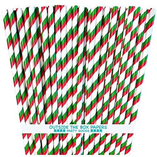 Red, Green and White Striped Paper Christmas Straws 7.75 Inches Pack of 100 Outside the Box Papers Brand