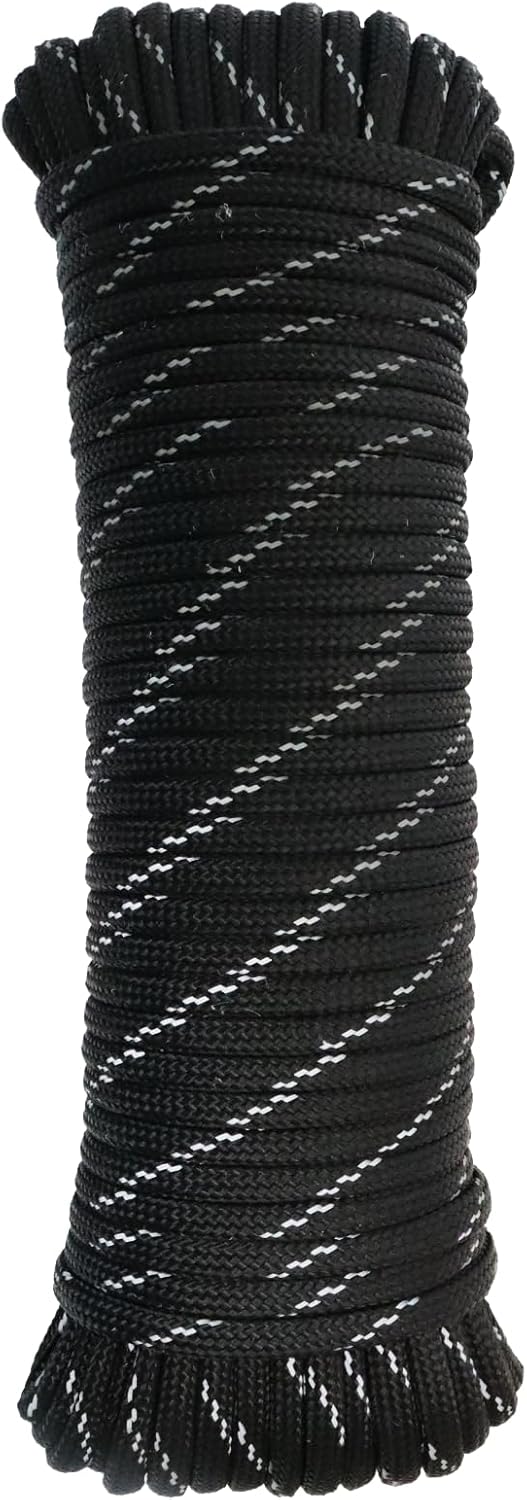 Reflective Black 1/4″ x 100′ Diamond Braided Polypropylene Rope – High Strength Utility for Outdoor Use Reflective Black 1/4″ x 100′ Diamond Braided Polypropylene Rope – High Strength Utility for Outdoor Use