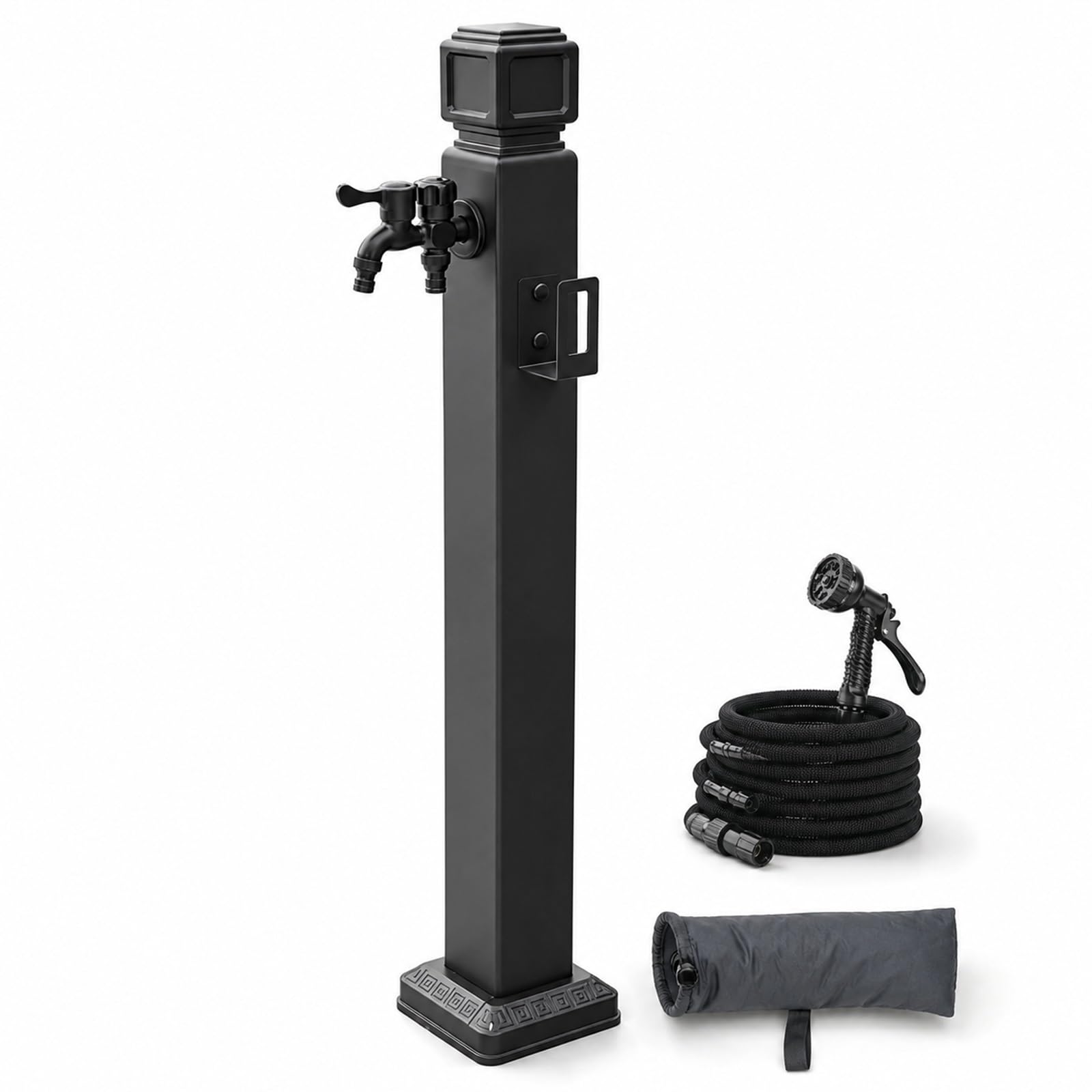 Garden Water Column with Dual-Outlet Antifreeze Faucet, 33ft Hose, Stainless Steel Floor-Mounted Hose Post with Spray Gun, Dual Water Inlets(95cm/37.4in)