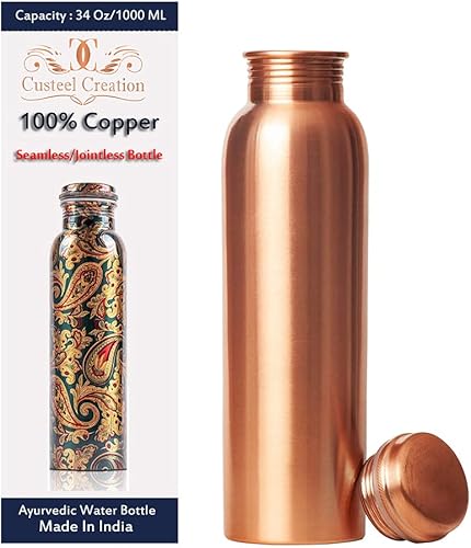Custeel Creation Botella de agua de cobre puro de 1 litro - (99.74%) frasco de cobre sin juntas sin costuras (acabado mate)