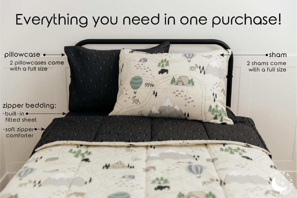 Beddy's Adventure & Wildlife Theme Durable Zipper Bedding for Kids,Bed in a Bag,Cream Comforter & Charcoal Sheets with Outdoor Explorer Design,Includes Pillowcase & Sham,Easy to Make & Wash - Toddler
