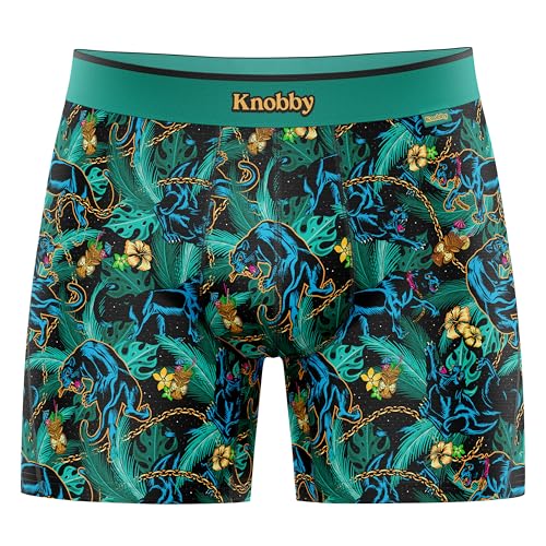 Knobby Underwear Mens Boxer Brief | Wild Panther Jungle Tiki Green Blue | Comfortable Unique Design Pattern - 3X-Large