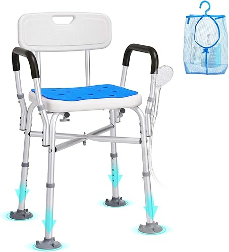 VEVOR Silla de ducha con brazos y respaldo acolchados, taburete de ducha con barra transversal reforzada, silla de ducha para bañera interior de