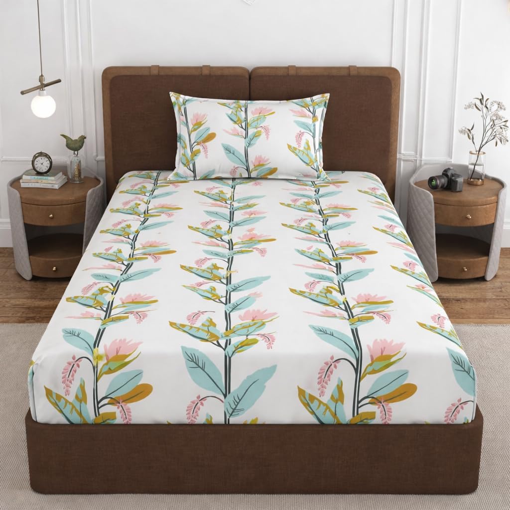 VOMZER Premium 320 TC Fitted Bed Sheet with Full Elastic - Deep Pocket Design - Wrinkle Resistant Fitted Bedsheet 36x72 Single Bronze Tree