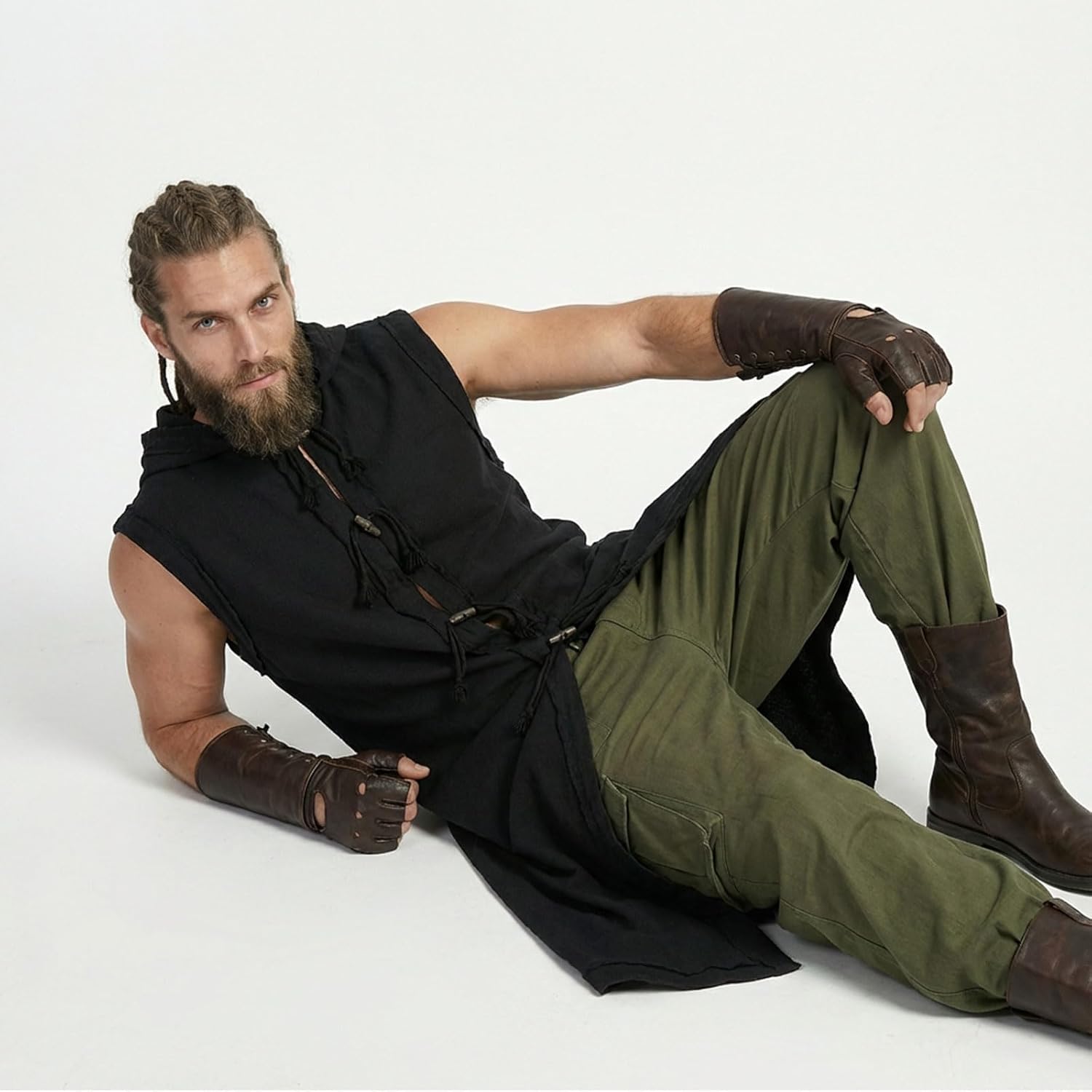 Men’s Medieval Costume Viking Vest Renaissance Sleeveless Tabard Tunic Hooded Cotton Surcoat Wooden Buttons LARP Cosplay