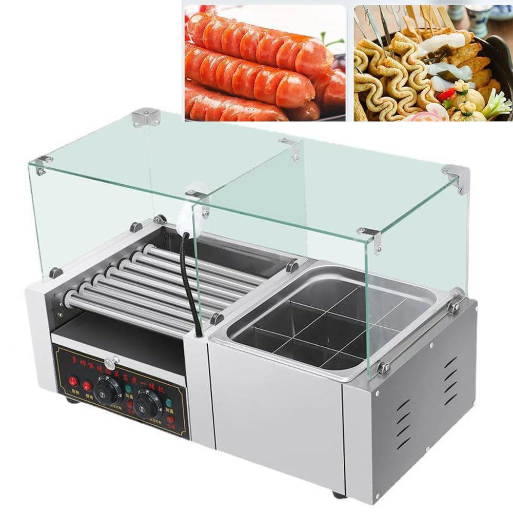 Machine à rouleaux à hot-dog à deux fonctions, machine à griller à hot-dog 1200 W, gril à saucisses à 8 rouleaux avec 2 zones de chauffage, conduction thermique rapide sur le comptoir, opération simpl