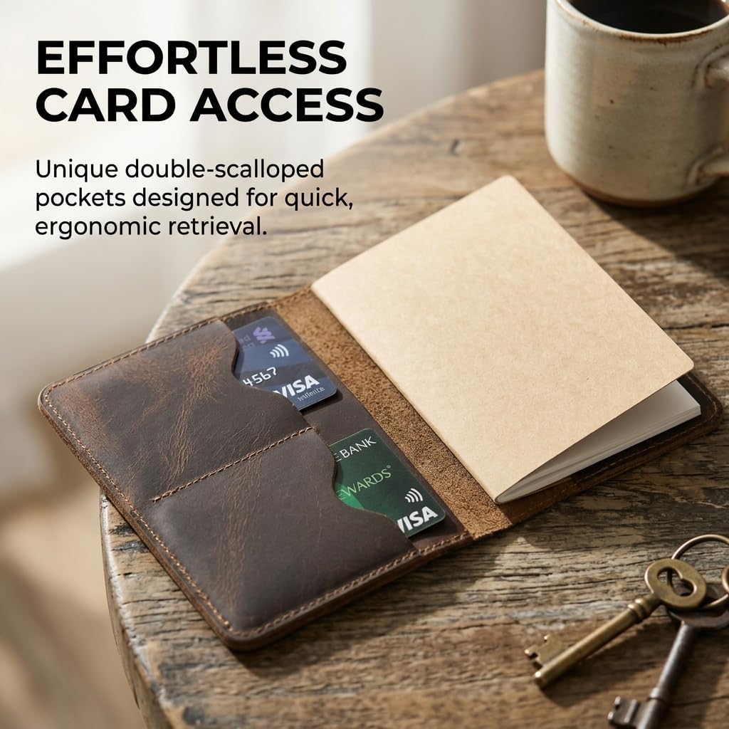 Rustique Leather Field Notes Cover Collection - Refillable Travel Journal & Notebook Organizer with Card Slots - Handmade Full Grain Leather (Wavy Pocket Set - Smoky Bourbon)