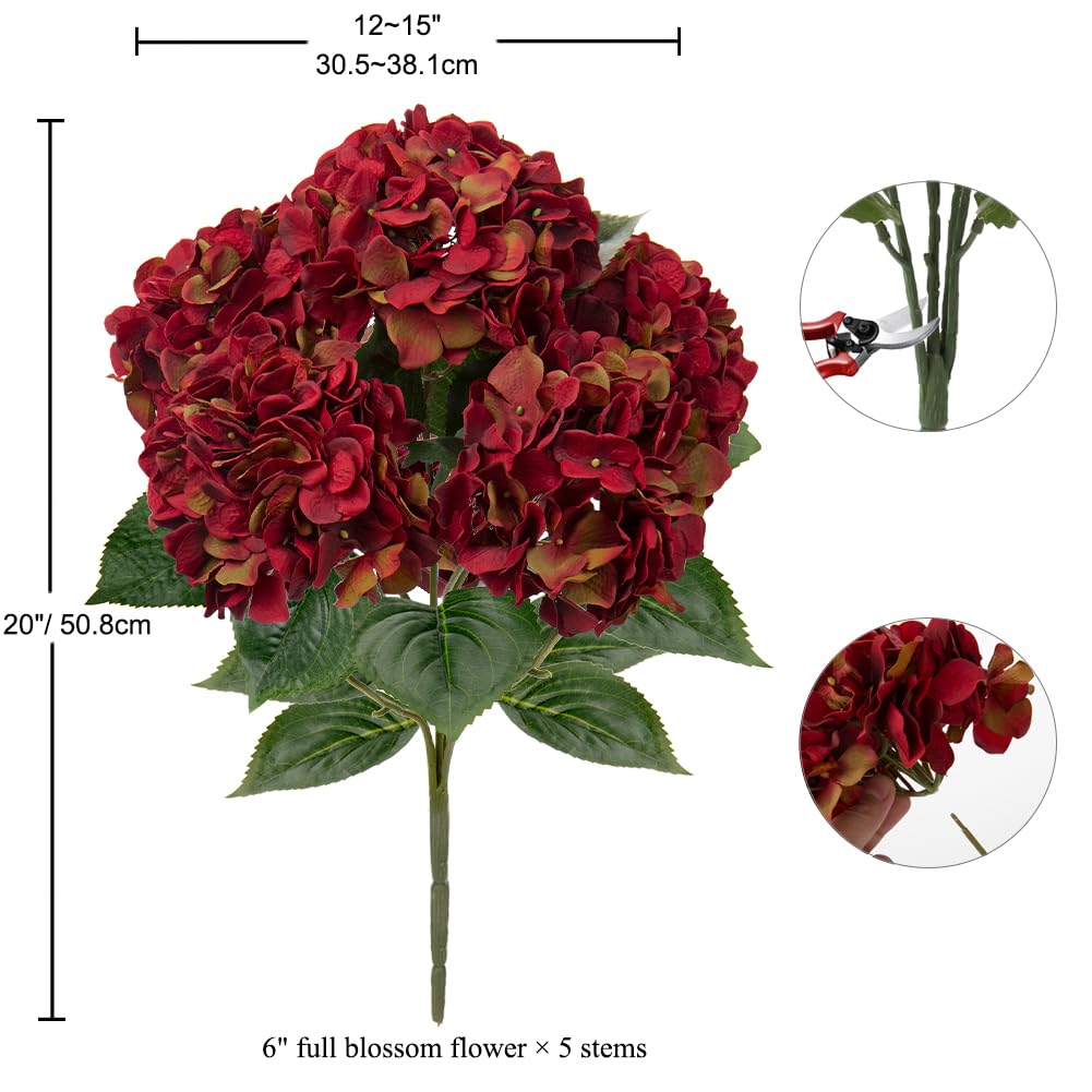 Hollyone Dark Red Hydrangeas Bunch Artificial Flowers, Large Fake Hydrangeas Bouquet Faux Silk Flowers for Home Decor, Flower Arrangement, Wedding, Flower Bouquets, Living Room Decorations - Image 2