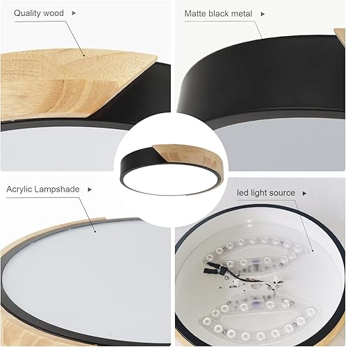 Miniatura 5 de Moderna lámpara de techo LED, luces de techo minimalistas de montaje empotrado negro y madera, iluminación de techo LED redonda regulable con