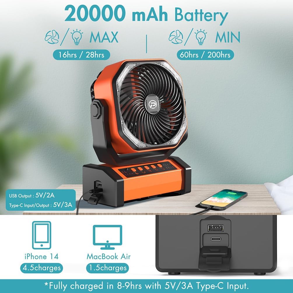 Wentylator Campingowy 20000 Mah, Z Lampą Led I Pilotem, 4-stopniowa Regulacja Prędkości, Do Użytku Na świeżym Powietrzu I W Pomieszczeniach, Trwały Materiał Abs