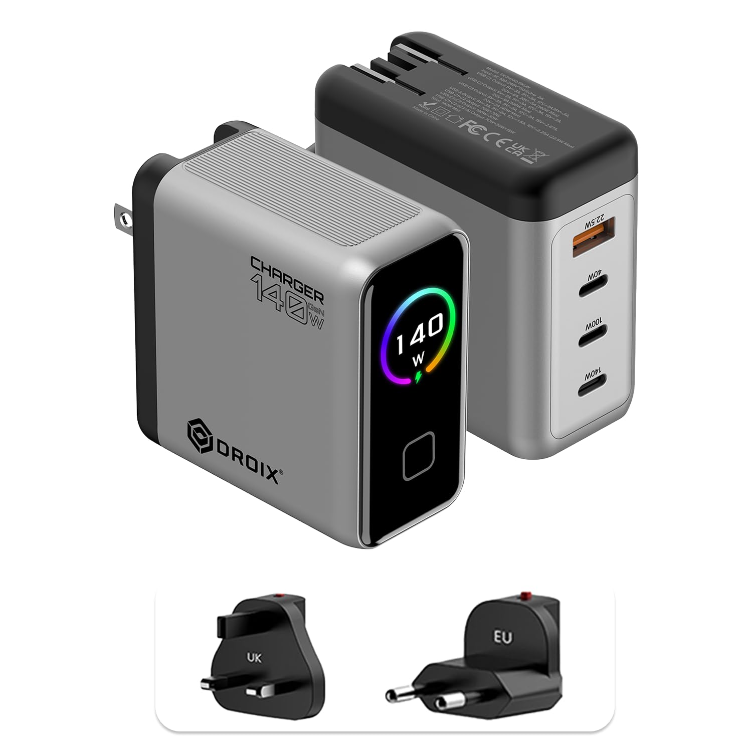 DROIX 140W Caricatore USB-C GaN: 4 Porte PD 3.1 con Display LCD & Adattatori (US/UK/EU). Compatibile con MacBook Pro, iPhone, Android [WHITE]