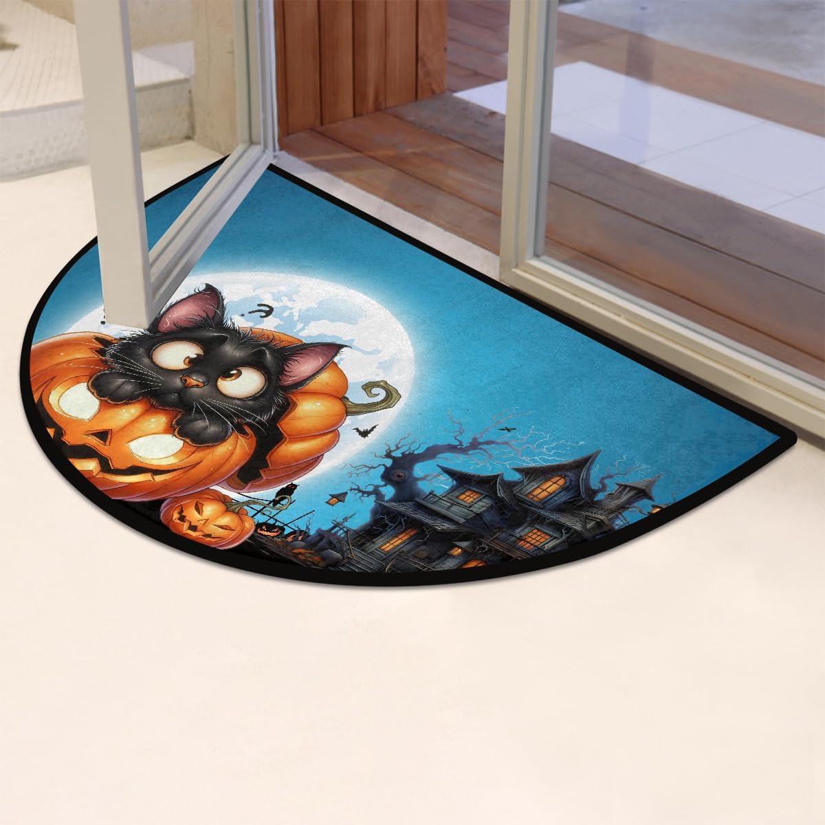 Halloween Pumpkin Black Cat Animal Half Round Door Mat Non Slip Washable Semi Circle Area Rug Absorbent Soft Half Moon Rug Floor Mat for Indoor Outdoor Kitchen Bathroom Patio Front Door Mat Decor