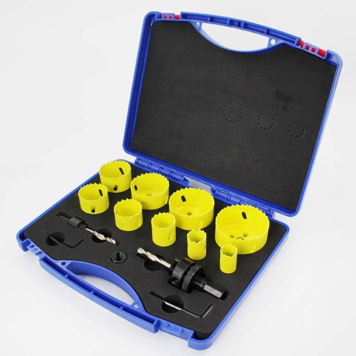 14 Pz Juego de Sierra de Corona Amarillo - (19mm, 22mm, 29mm, 35mm, 38mm, 44mm, 51mm, 57mm, 64mm), Herramienta de Corte para Abrir Agujeros con 1 Adaptador y 2 Mandriles y 2 Llaves Hexagonales