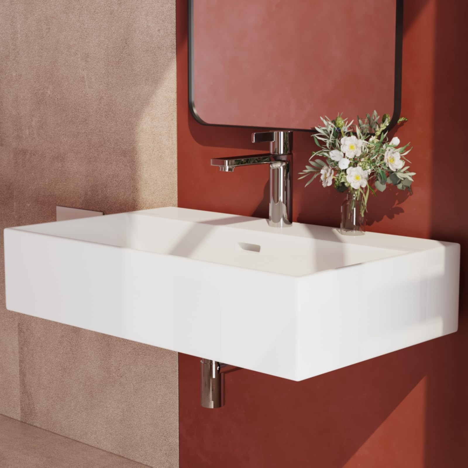 EMKE Waschbecken Eckiges Design Handwaschbecken, Hochwertige Keramik Hängewaschbecken mit dünnem Rand, Waschtisch Für Badezimmer Gäste-WC (600x360x130mm, Weiß)