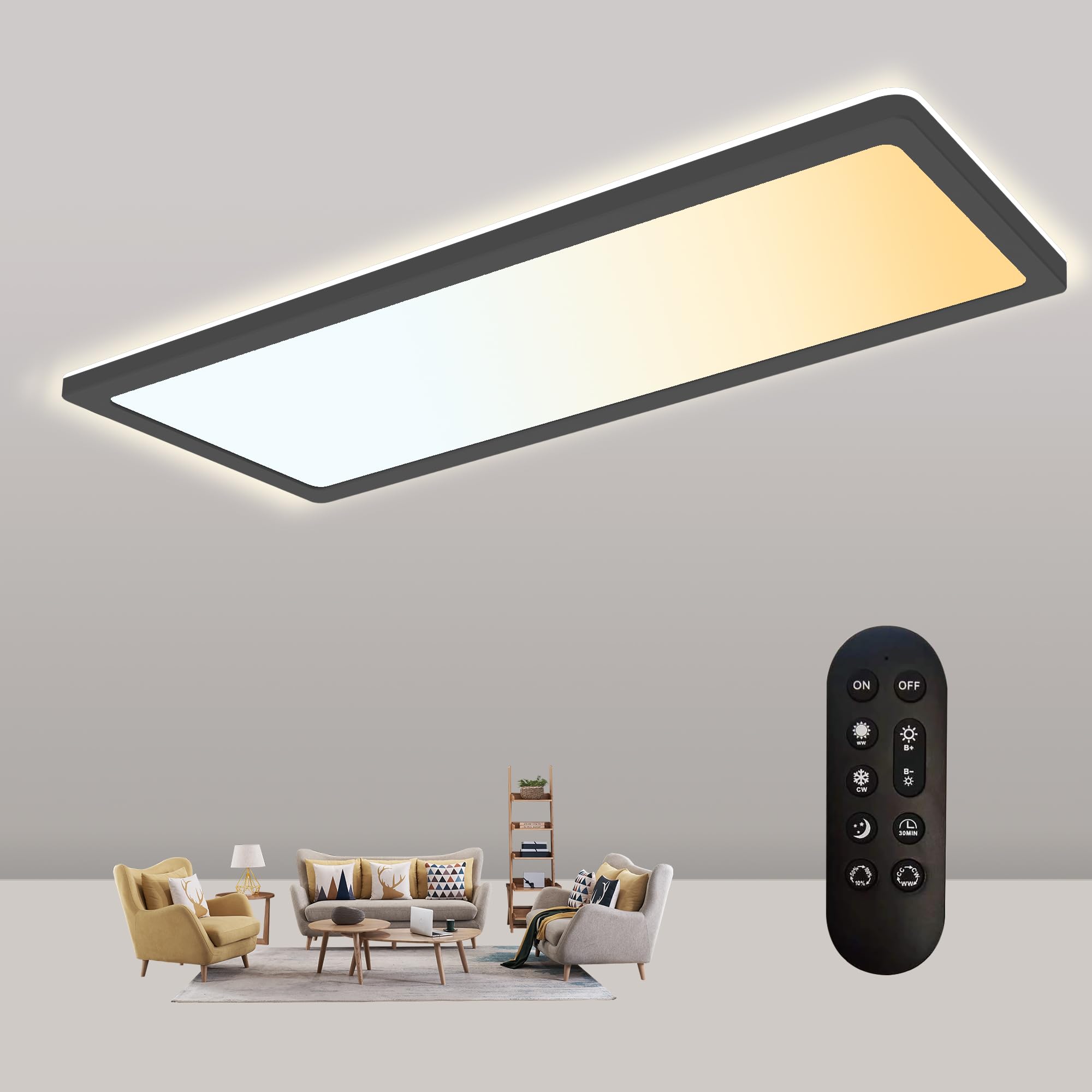 22W Deckenlampe LED Deckenleuchte Dimmbar 2800LM, Schwarz, 58x20cm | mit Fernbedienung, 2700K-6500K, Rechteckig, IP44 Wasserdicht, Ultra Dünn küchenlampe LED Panel for küche Schlafzimmer Büro