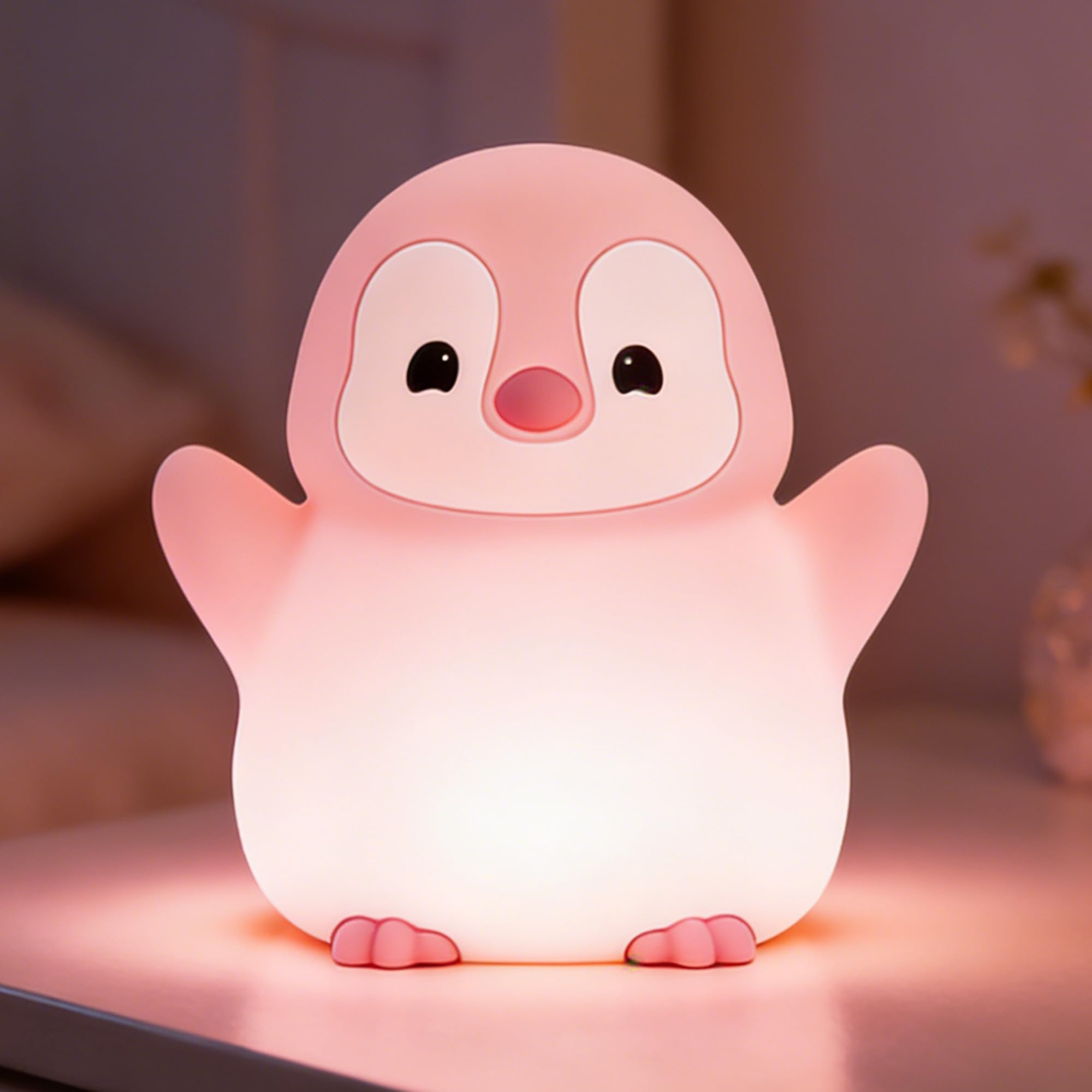 Penguin Night Light for Kids Cute Pink Penguin Lamp Soft Silicone Nursery Nightlight LED Squishy Novelty Animal Bedside