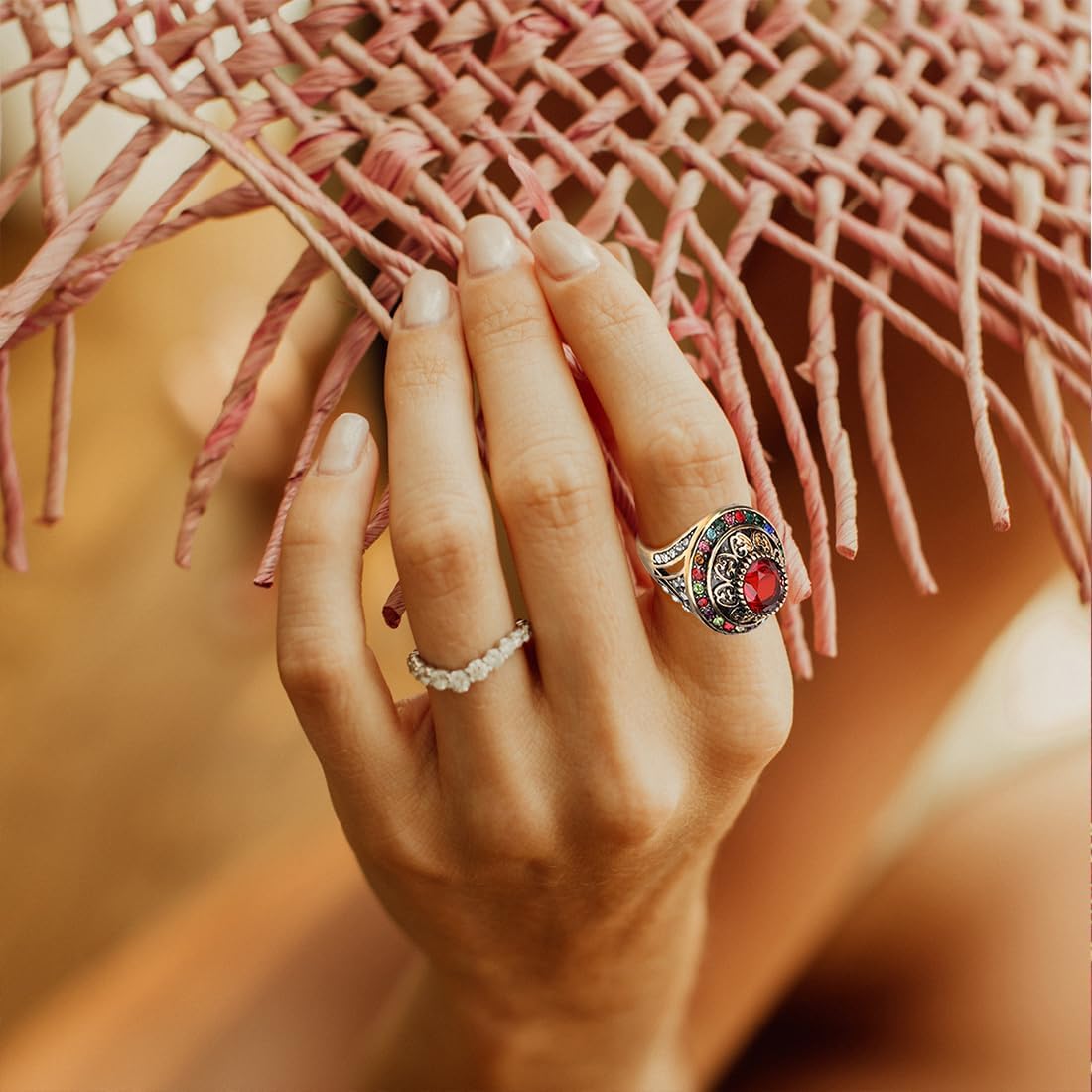 HAIXIAN Retro Gold Multi Stone Chunky Dome Ring for Women,14K Yellow Gold Plated Vintage Cocktail Party Crystal Turkish Signet Ring,Antique Turkey Ring Jewelry for Her - Image 4