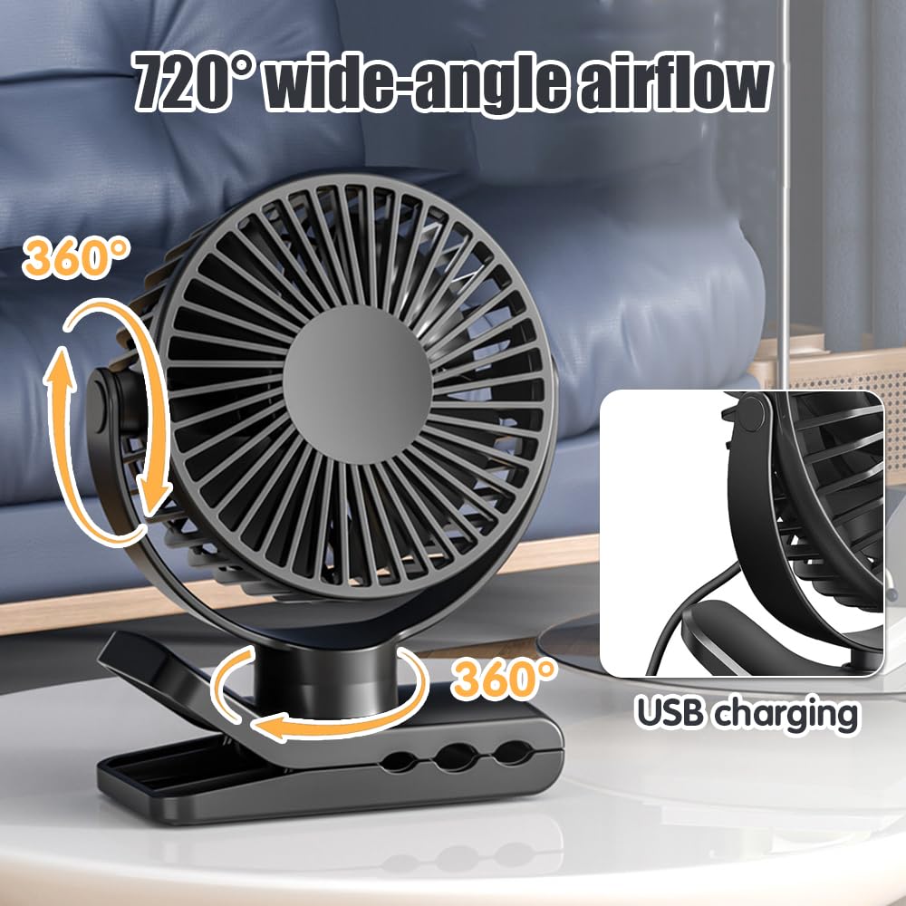 Ventilador de Mesa, 2000mAh Recargable Ventilador USB con Abrazadera Resistente, Ventilador Portátil de Clip con 5 Velocidades, Rotación de 720 Grados, para Oficina, Hogar, Acampar (Negro)