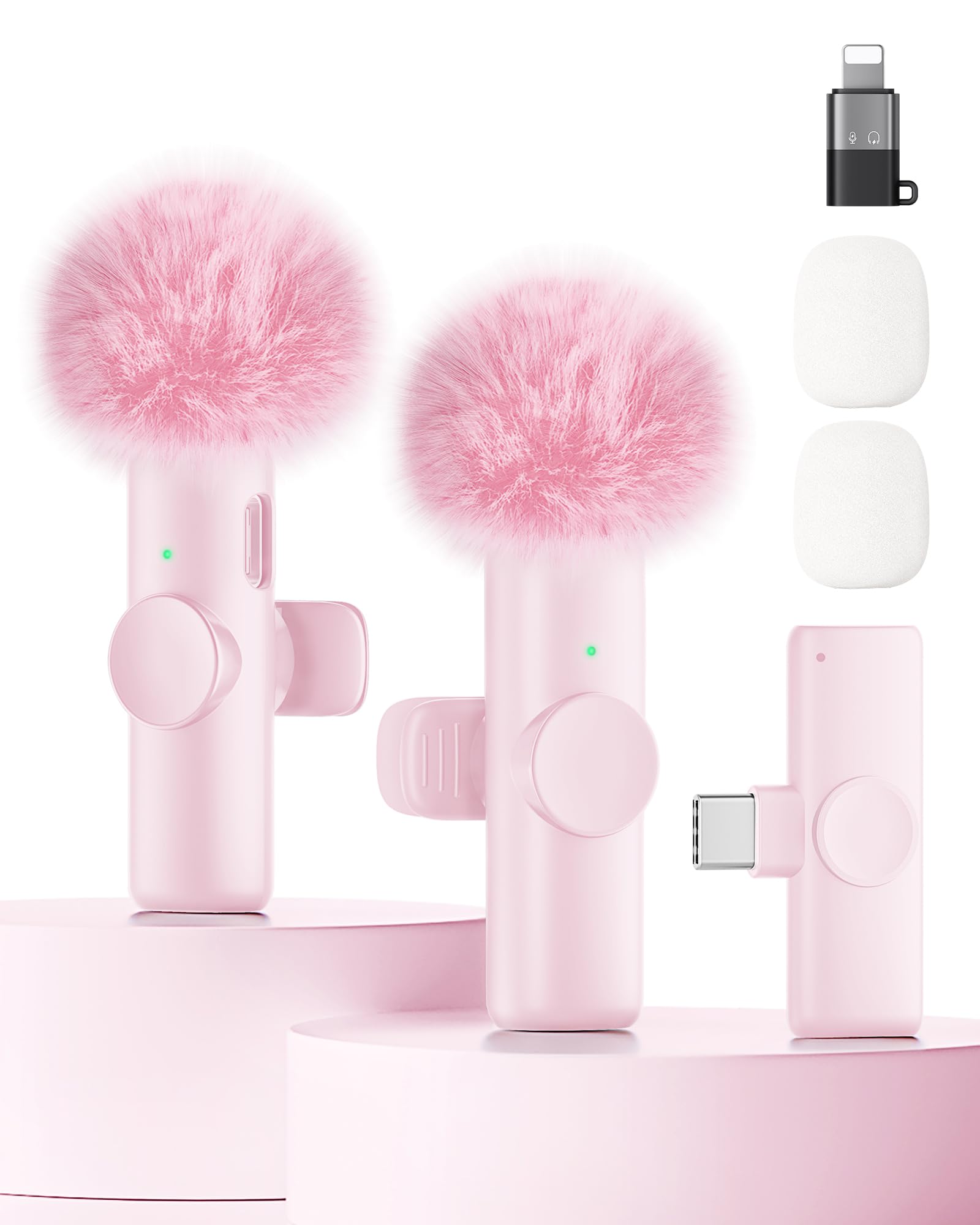 Wireless Microphone for iPhone iPad and Android Phone, 2 Pack Wireless Lavalier Lapel Mic with Noise Reduction, Plug and Play Mini Microphone for Video Recording Interview YouTube TikTok Vlog (Pink)