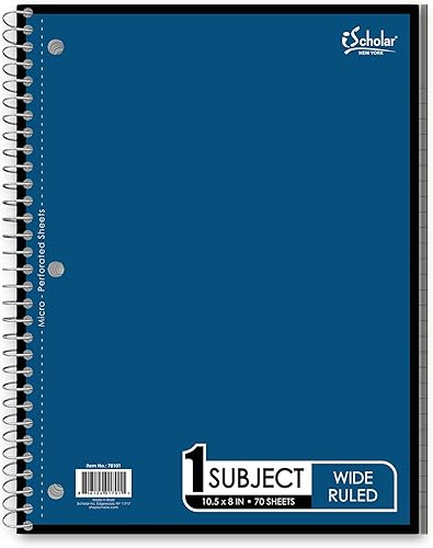 iScholar Cuaderno de alambre de 1 sujeto, 70 hojas, rayas anchas, 10.5 x 8 pulgadas, el color de la cubierta puede variar (78101)