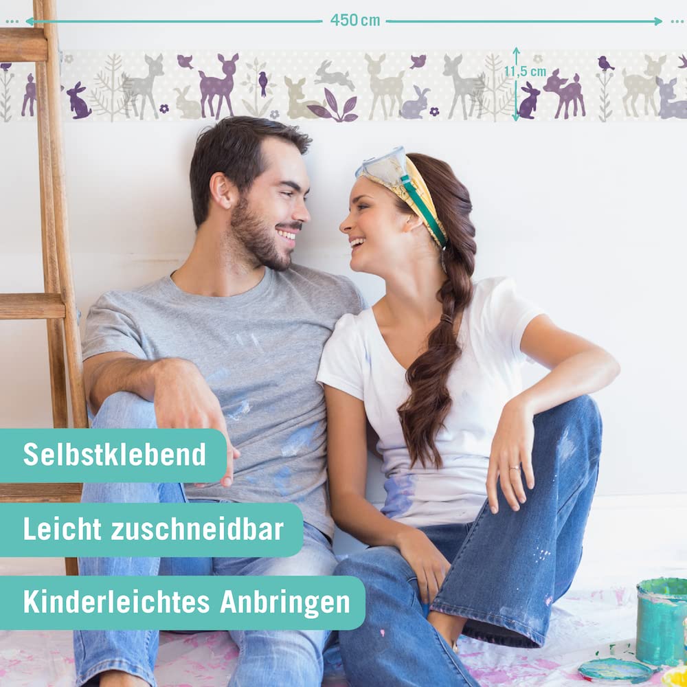 Bordüre selbstklebend HÄSCHEN & REHE LILA BEIGE - Wandbordüre Kinderzimmer Babyzimmer mit Hase & Reh Waldtiere - Wandtattoo Schlafzimmer Mädchen – Wanddeko Baby Kinder