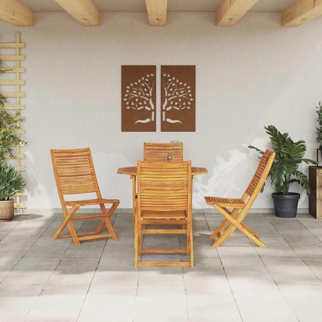 Juego de comedor de jardín rústico plegable de 5 piezas de madera maciza de acacia con mesa y sillas, color marrón, superficie aceitada, cojines extraíbles para disposición de asientos