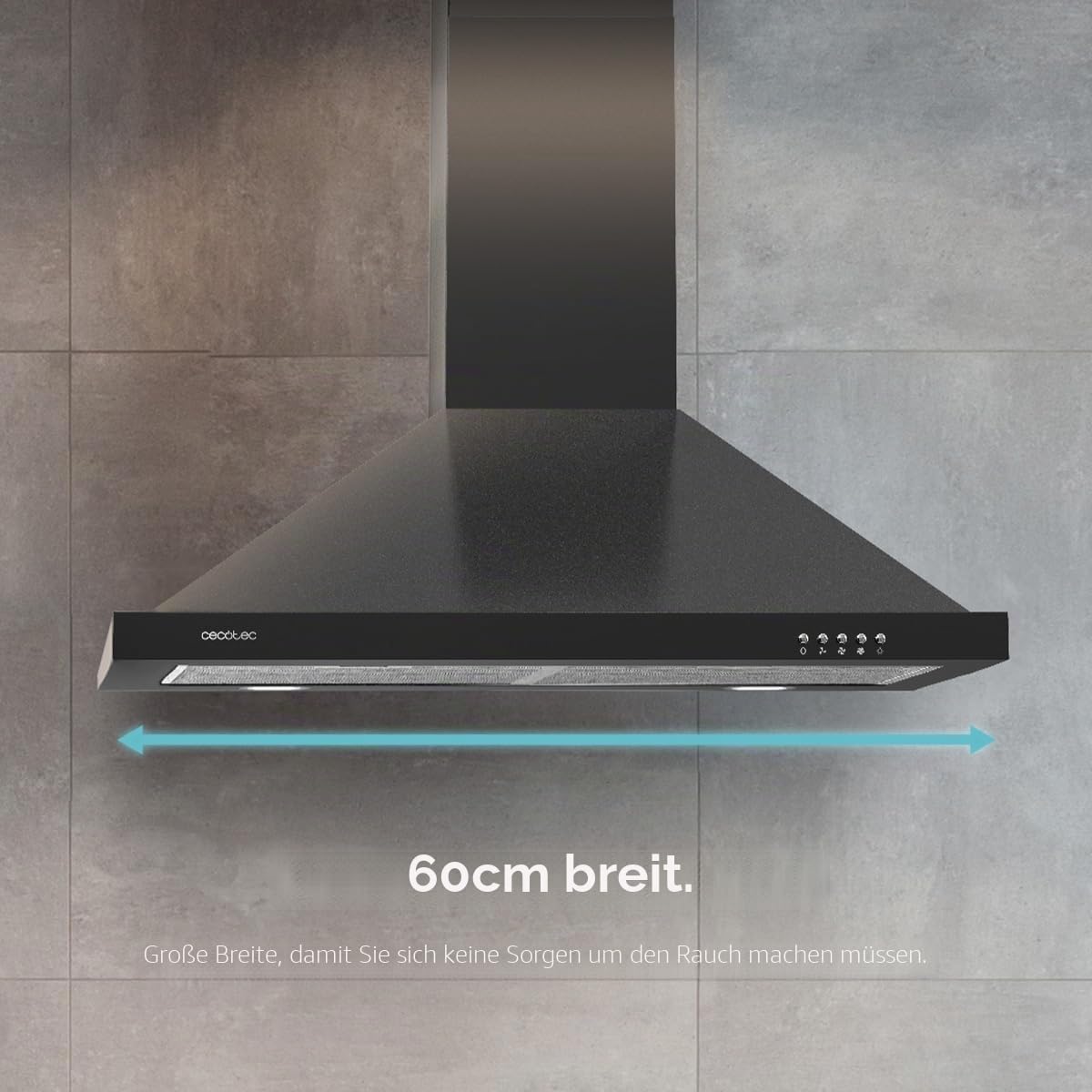 Cecotec Bolero Flux PM 604300 Pyramiden-Dunstabzugshaube, 60 cm, Motor 105 W, Saugleistung 430 m³/h, mechanische Steuerung, 3 Leistungsstufen, Licht, Aluminiumfilter, schwarzes Finish