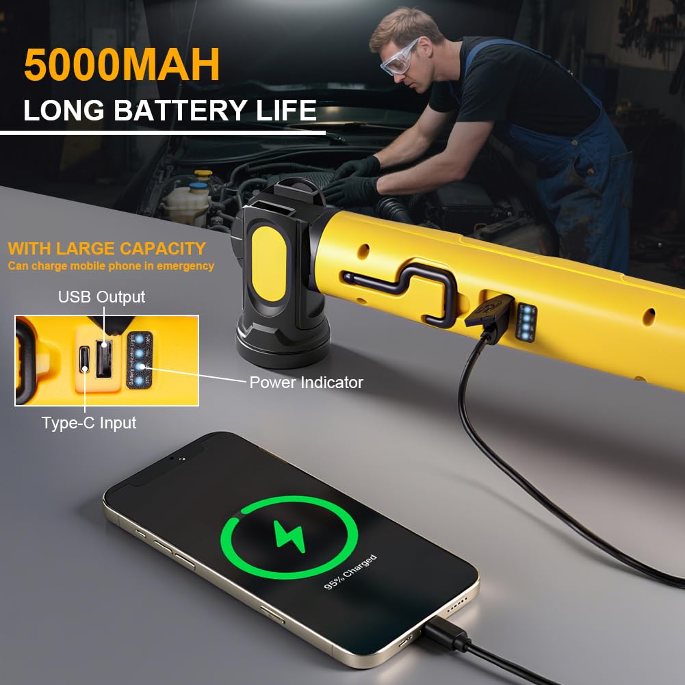 AXFEE Lampe de Travail, Baladeuse LED Rechargeable 5000mah, Lampe LED Rechargeable Aimantée, 3 Modes Baladeuse led Mecanicien avec Crochets, lampe Aimantée, pour Reparation Auto, Atelier, Camping
