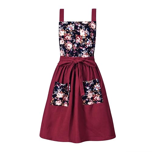 Pinknoke Vintage Pinafore Apron Dress for Women with Pockets Cute Floral Chef Aprons for Kitchen Cooking Baking Gardening - Claret