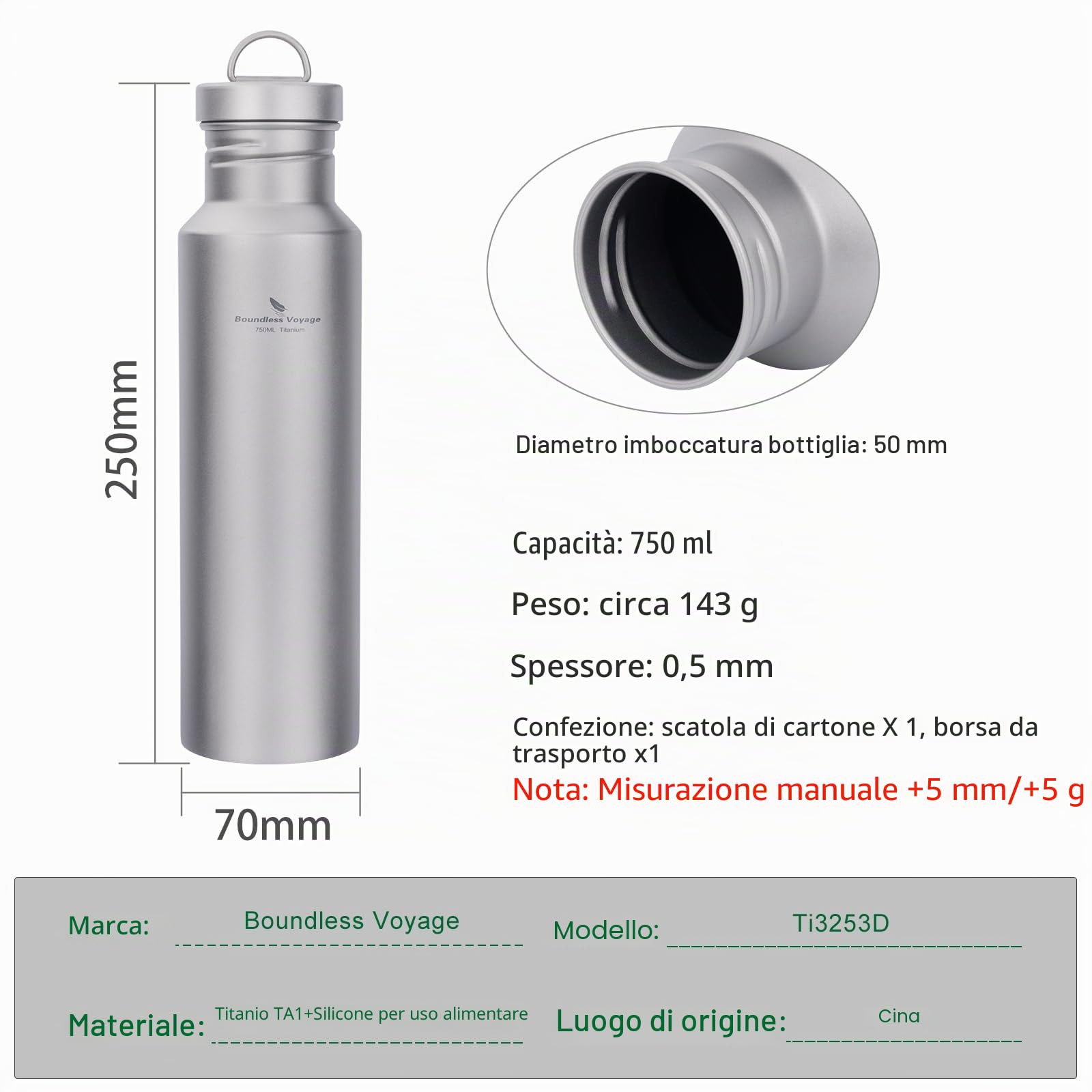 iBasingo Ti3253D - Borraccia in titanio da 750 ml, monostrato, in metallo, a prova di perdite, per sport, ciclismo, escursionismo, picnic, arrampicata, corsa, tè, caffè, bevande
