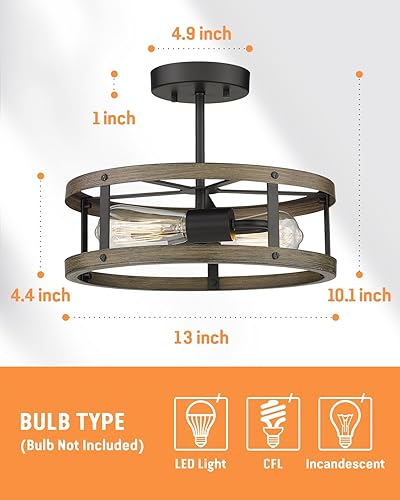 Miniatura 4 de EAPUDUN Lámpara de techo estilo granja, lámpara de techo semiempotrada de madera sintética de 13 pulgadas, lámpara de techo retro de 2 luces para