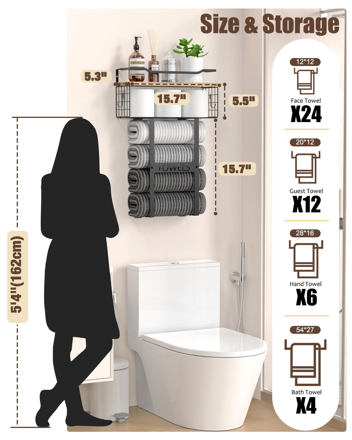 Toalleros para baño montado en la pared, juego de toalleros de pared de baño sobre almacenamiento de inodoro, organizador de toallas enrollado para baño pequeño, toallero vertical de madera para 6