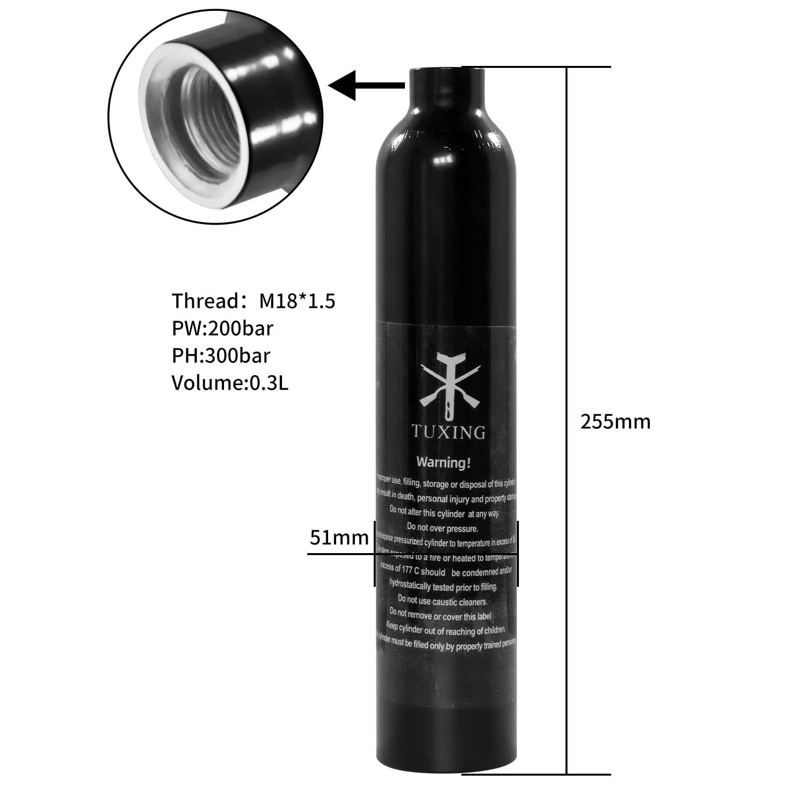 TUXING Tanque de Paintball 4500Psi PCP 0.3L 4500psi CE Approved Cilindro de Aluminio 18Ci Capacidad para Paintball o Pistolas de Aire PCP (Botella Vacía) M18*1.5