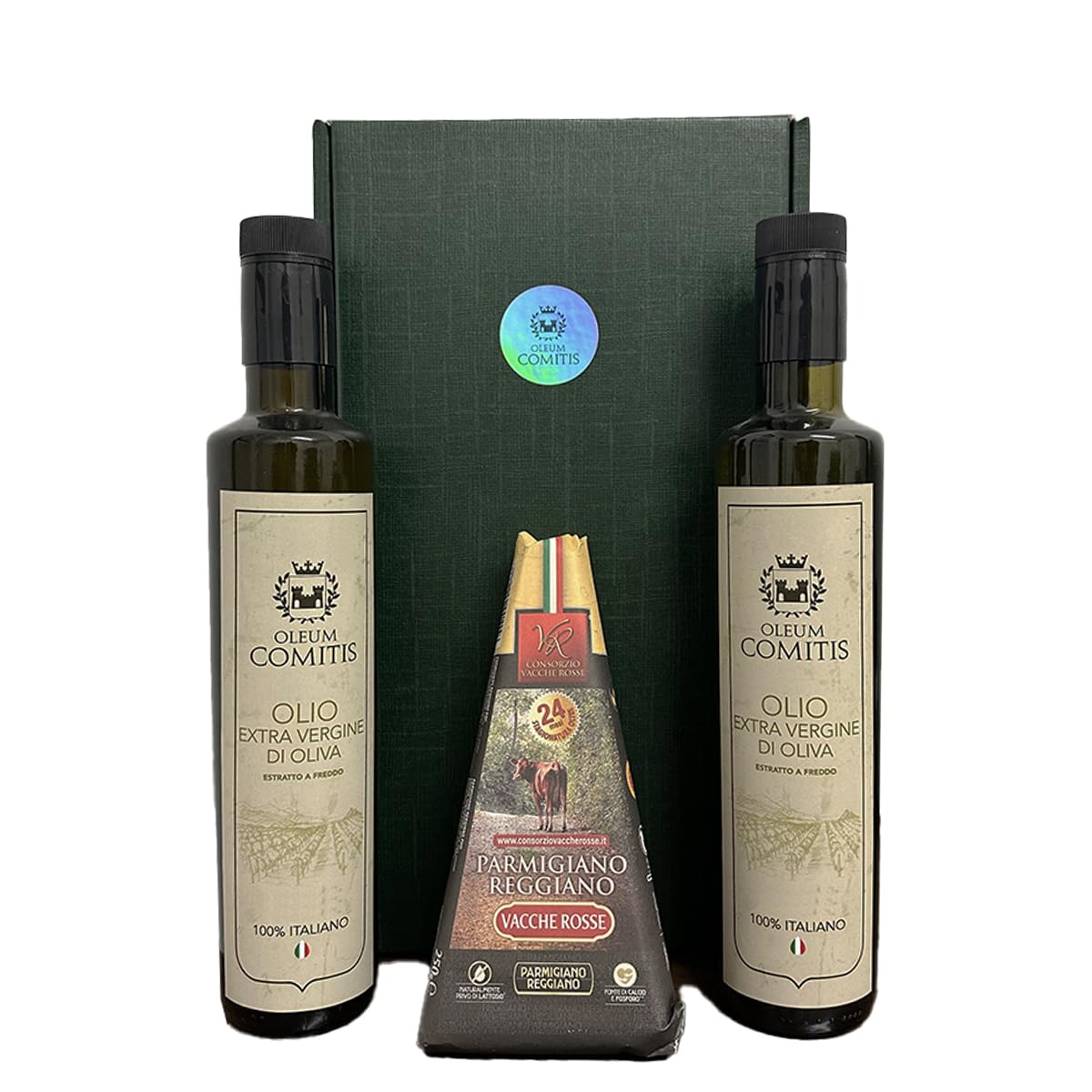 Oleum Comitis - Extra Virgin oliwkowy - 100% włoski ekstrakt na zimno - opakowanie na prezent z 2 butelki po 500 ml i parmezanem Reggiano ChNP, czerwone krowy, sezonowane 24 miesiące