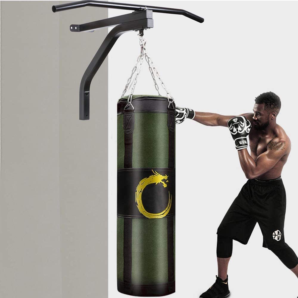 BAKAJI Braccio Supporto per Sacco da Boxe a Parete Allenamento Pugilato da Muro con Barra Sollevamenti Trazioni Fitness Palestra Cardio in Acciaio Dimensione 93 x 47 x 51 cm Colore Nero