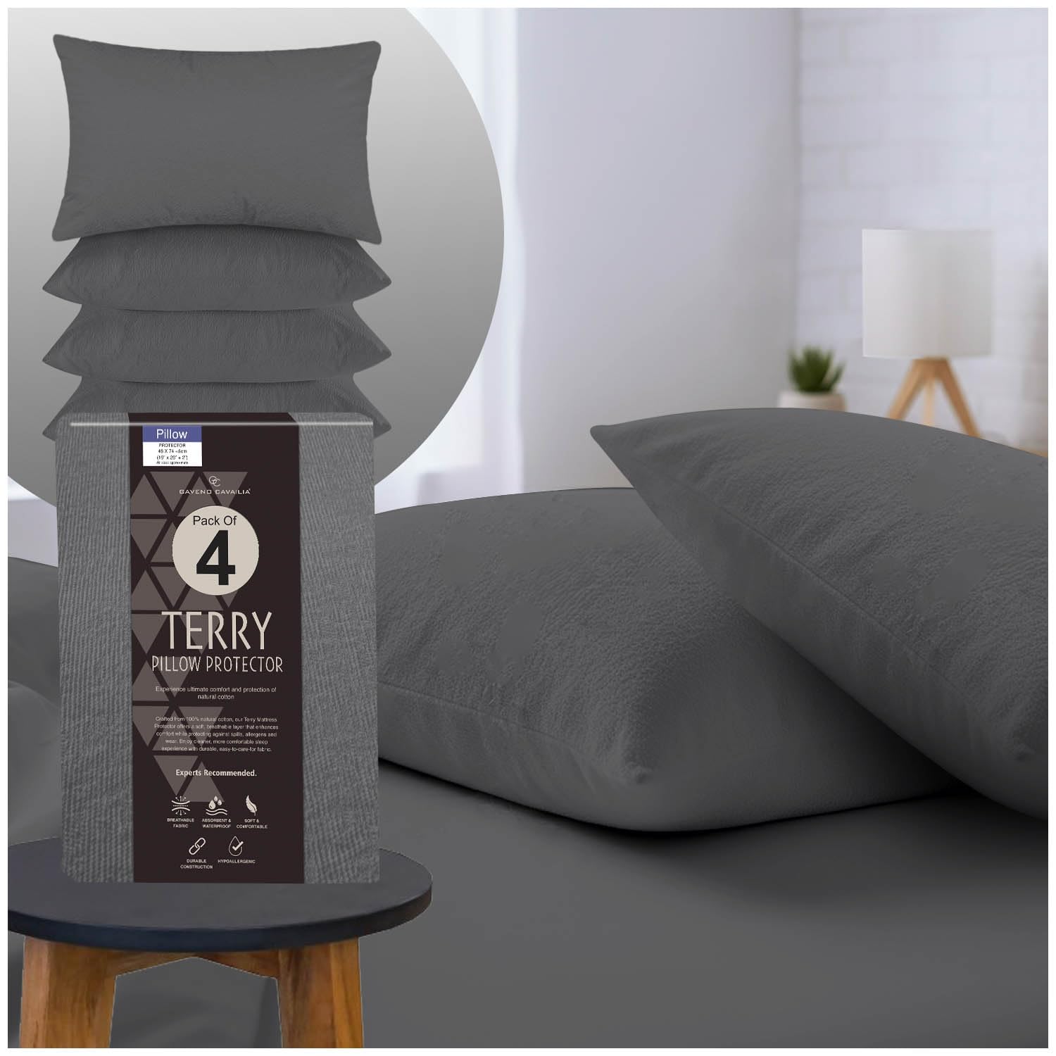 GC GAVENO CAVAILIA Terry Towel Waterproof Pillow Protectors - Pack of 2 Anti Allergy Towelling Pillow Protectors - Breathable & Soft Pillow Cover - Charcoal