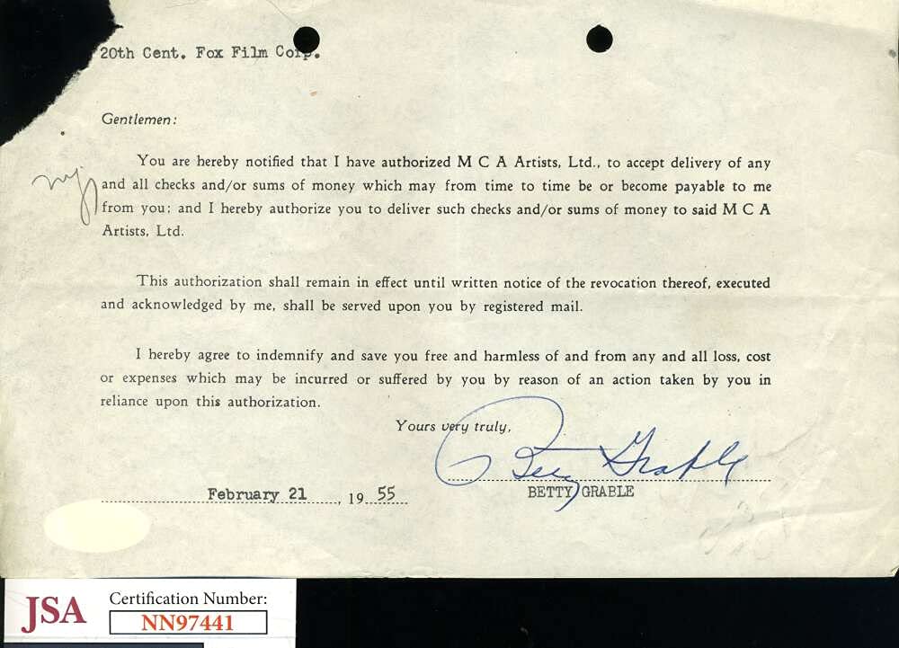Betty Grable JSA Coa Signed 1955 20tH Century Fox Contract Autograph