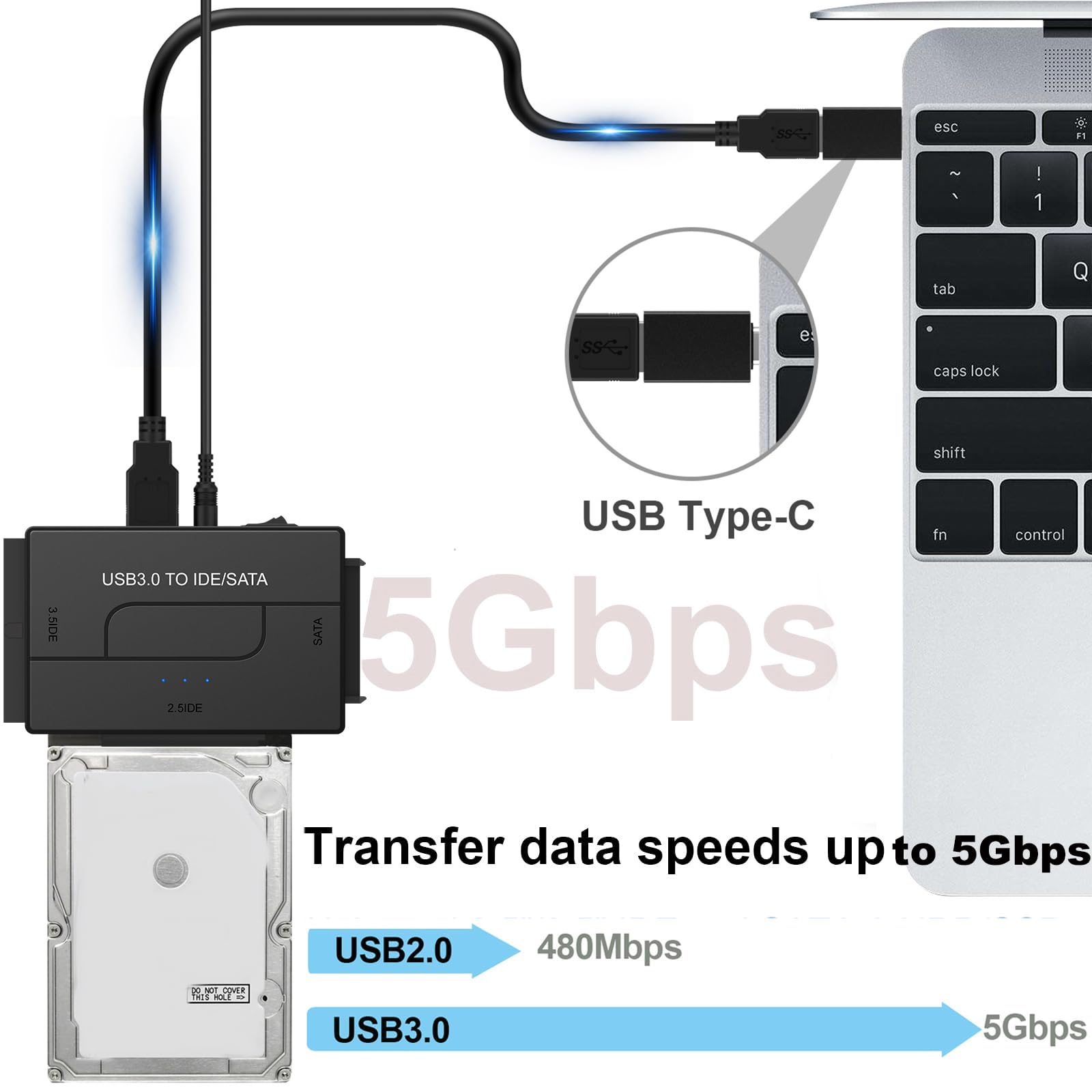 Adapter SATA/IDE na USB 3.0, zewnętrzny czytnik dysków twardych do uniwersalnego dysku twardego 2,5/3,5 SSD HDD, DVD/CD-ROM, z zasilaczem 12 V, obsługa 6 TB