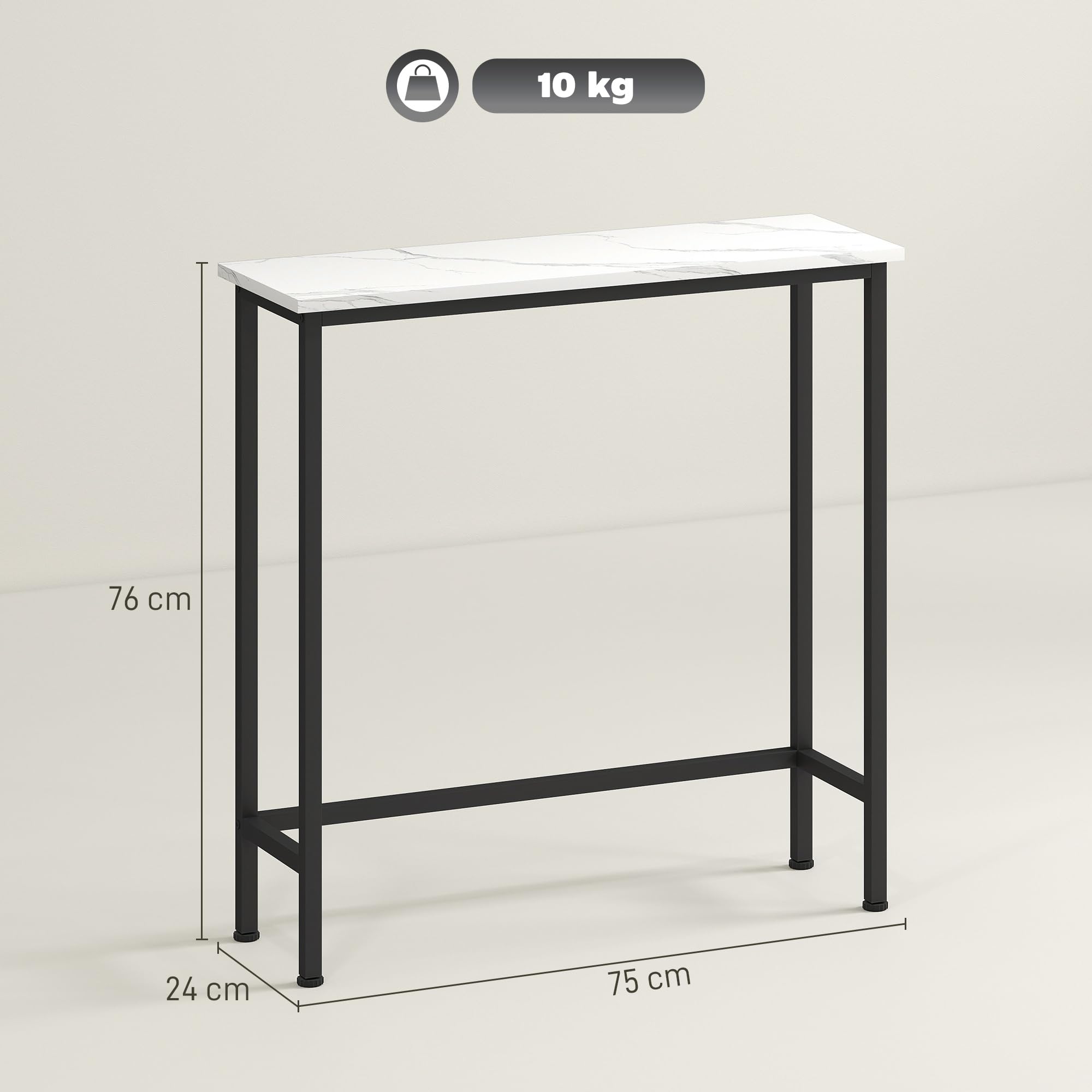 HOMCOM Mesa Consola Moderna Consola Recibidor Estrecha con Superficie con Efecto Mármol y Marco de Metal para Entrada Sala de Estar 75x24x76 cm Blanco y Negro