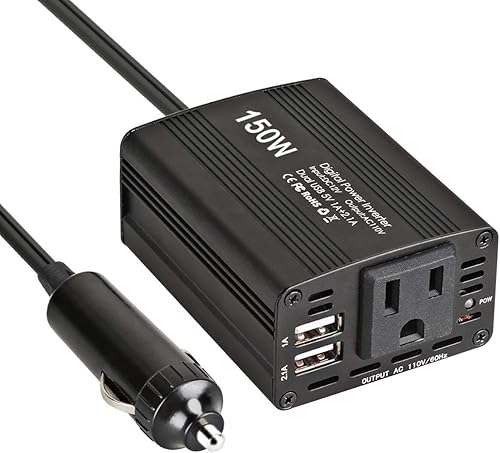 Inversor de corriente para automóvil, cargador de coche de 150 W CC 12 V a 110 V CA inversor de coche con cargador USB dual de 3.1 A (negro)