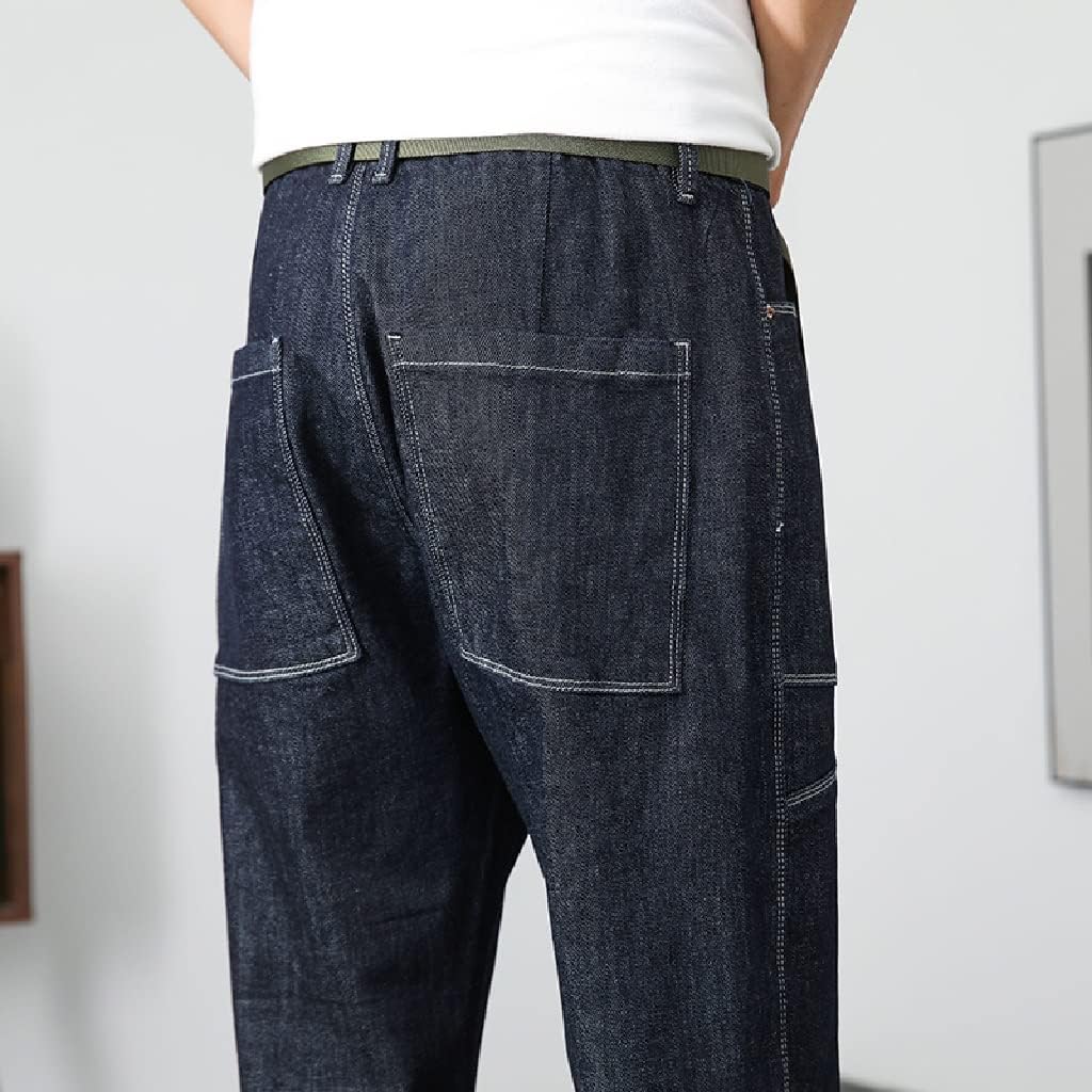 Dark Jeans Men Stretch Loose Fit Wide Leg Spring Casual Harem Pants Elastic Patchwork Include Belt