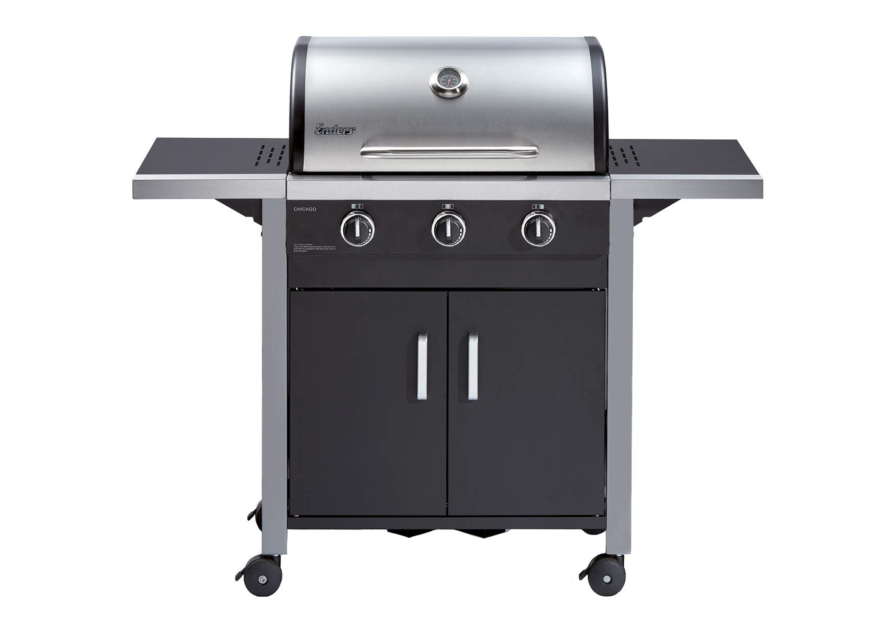 Enders Chicago 3 Barbacoa de gas, BBQ gas con 3 fuegos y parrilla de acero, Tapa de acero inoxidable con termómetro, mesas laterales plegables, para exterior, jardín, balcón, 30 mbar #8937633