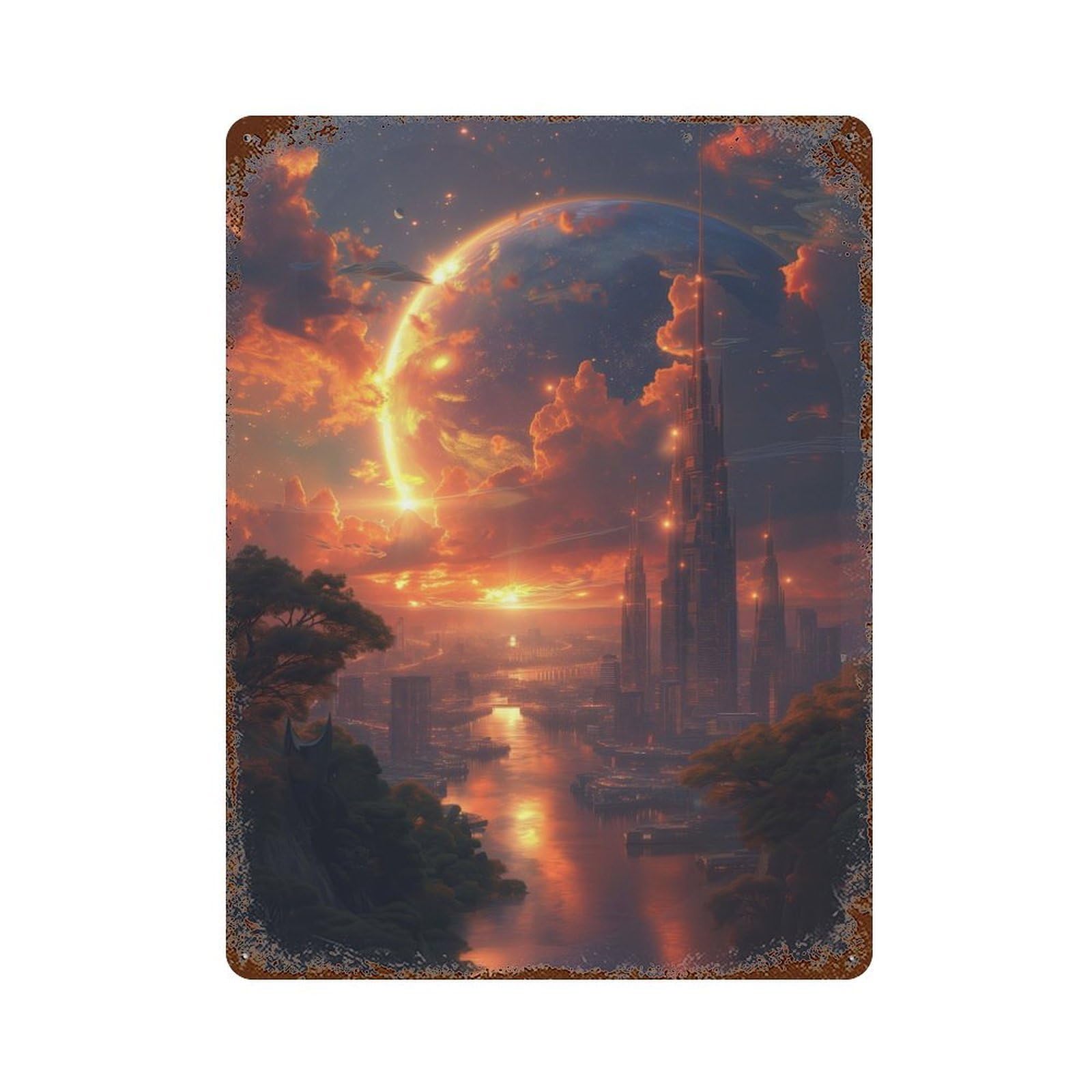 Fantasy Moon Sky Cityscape Vintage Wall Sign 15.7"x11.8", Rust Effect Metal Decor for Farmhouse, Kitchen And Entryway Decor