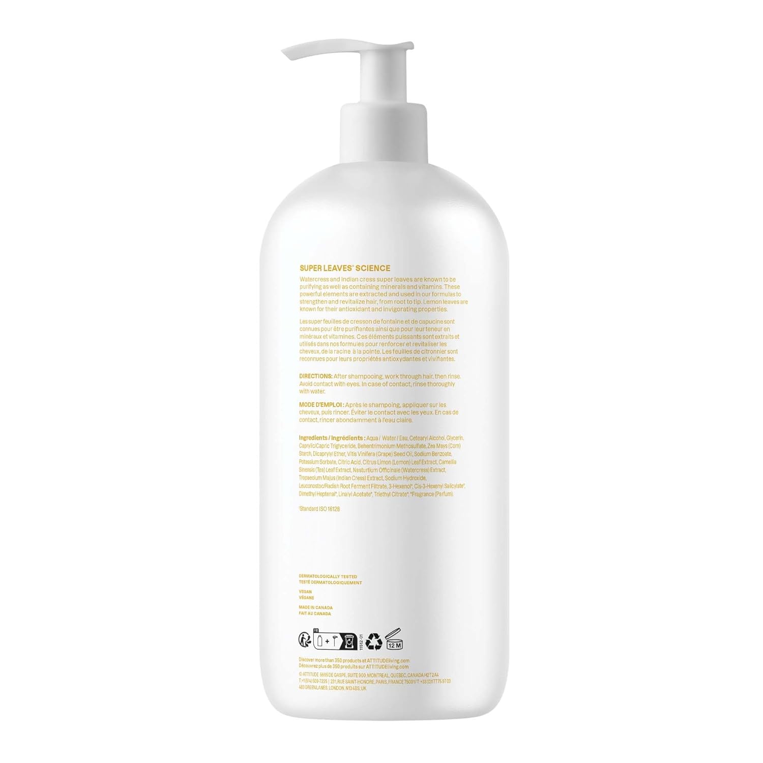 ATTITUDE Clarifying Hair Conditioner, Restores Shine, Naturally Derived Ingredients, Vegan Detangler, Dermatologically Tested, Lemon Leaves and White Tea, 32 Fl Oz