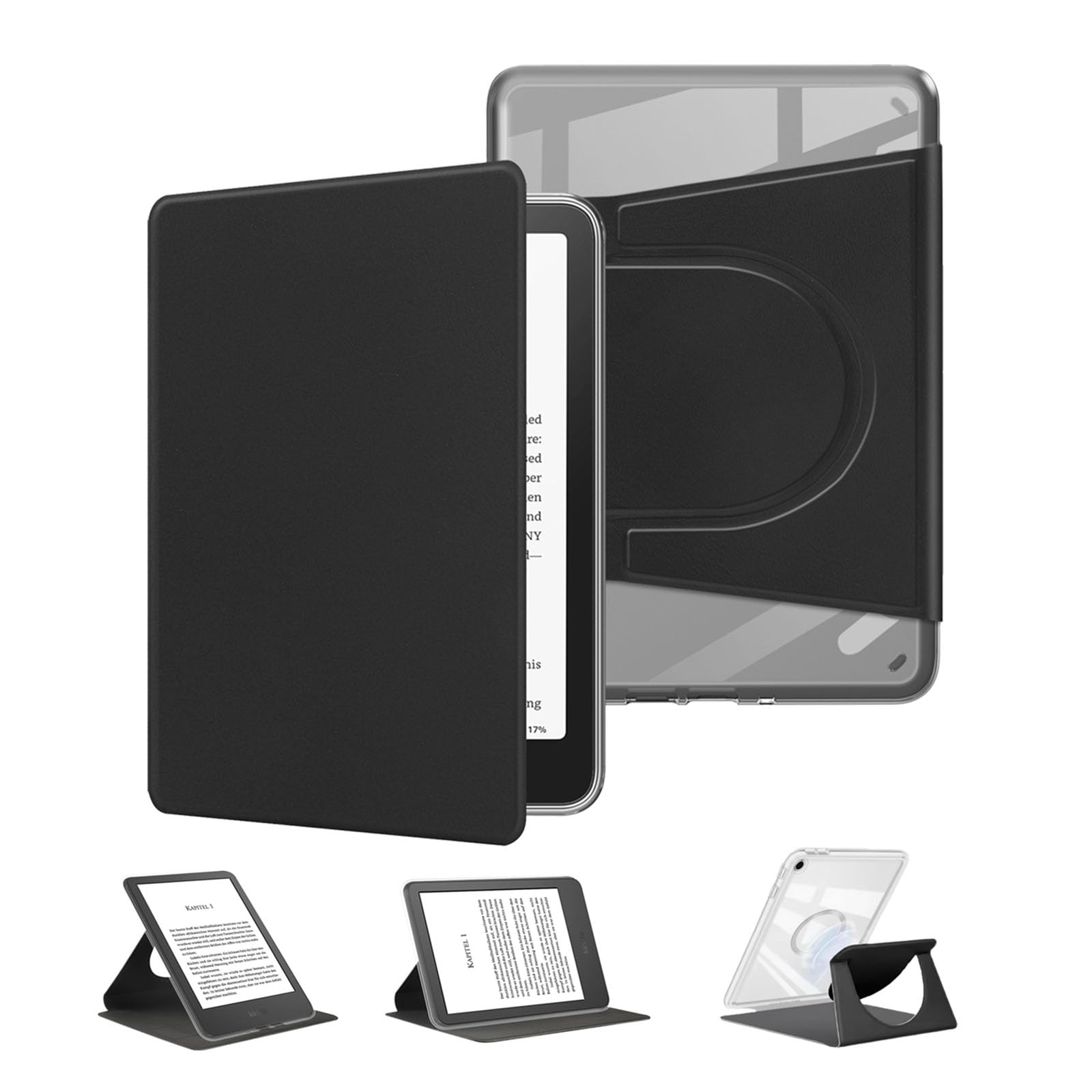 Coque pour Kindle 2024/2022, 360 Degrés 6" Etui Protection Liseuse 11. Generation, Magnétique Amovible Étui, Support Réglable Case, Transparent avec Mise en Veille/Réveil Pochette Housse, Noir