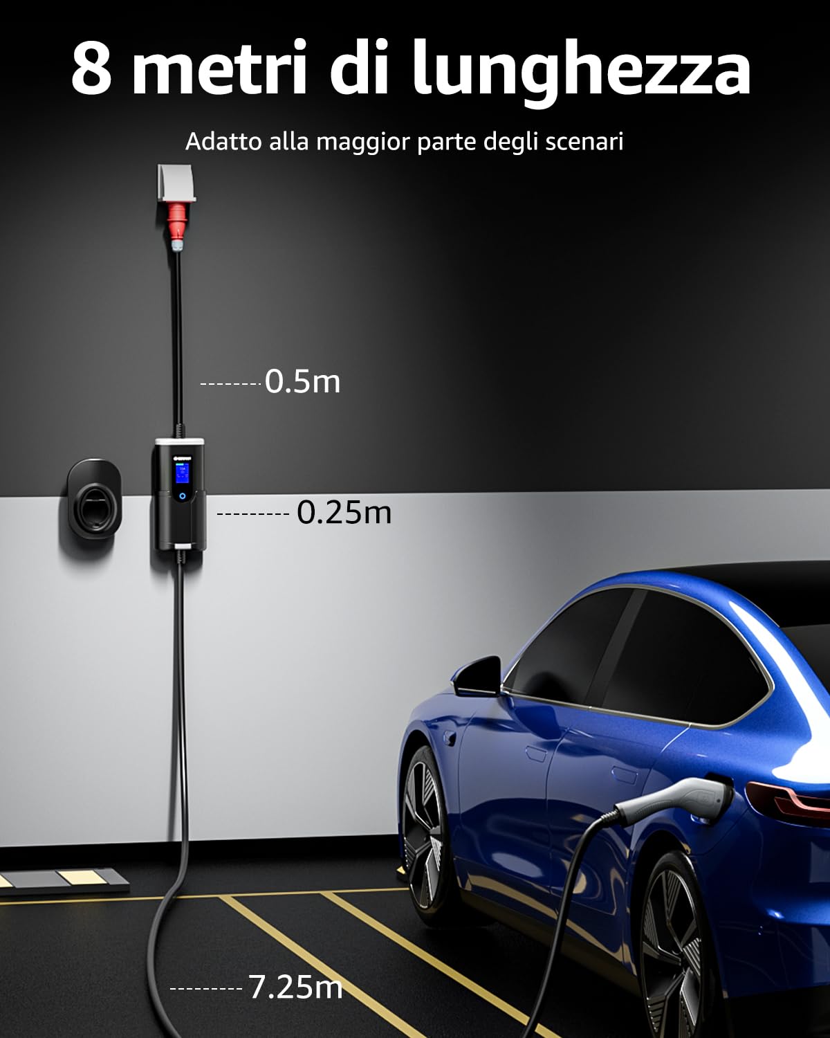 bokman Cavo di Ricarica da Tipo 2 5 Pin CEE, 8 Metri | 6-16A | 11kW | IP65 Impermeabile, Caricabatterie EV con Spina CEE per IEC 62196-2 e Borsa per Il Trasporto e Asciugamano in Microfibra