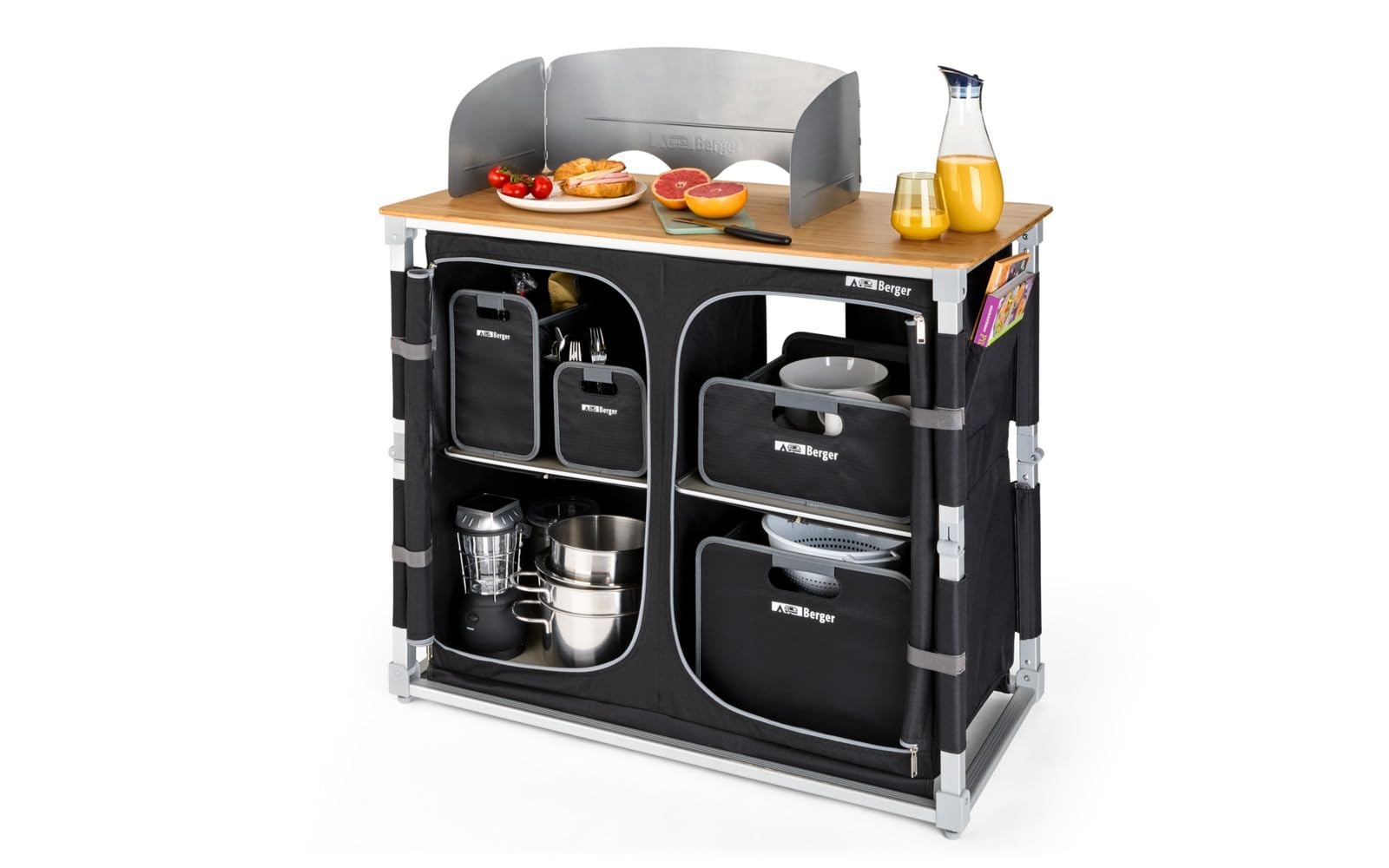Küchenbox Deluxe für Camping – Faltbar mit 4 Staufächern, spritzwassergeschützte Bambus-Arbeitsplatte, Tragetasche, Outdoor Campingschrank, mobile Kochstation für Camping und Outdoor-Aktivitäten