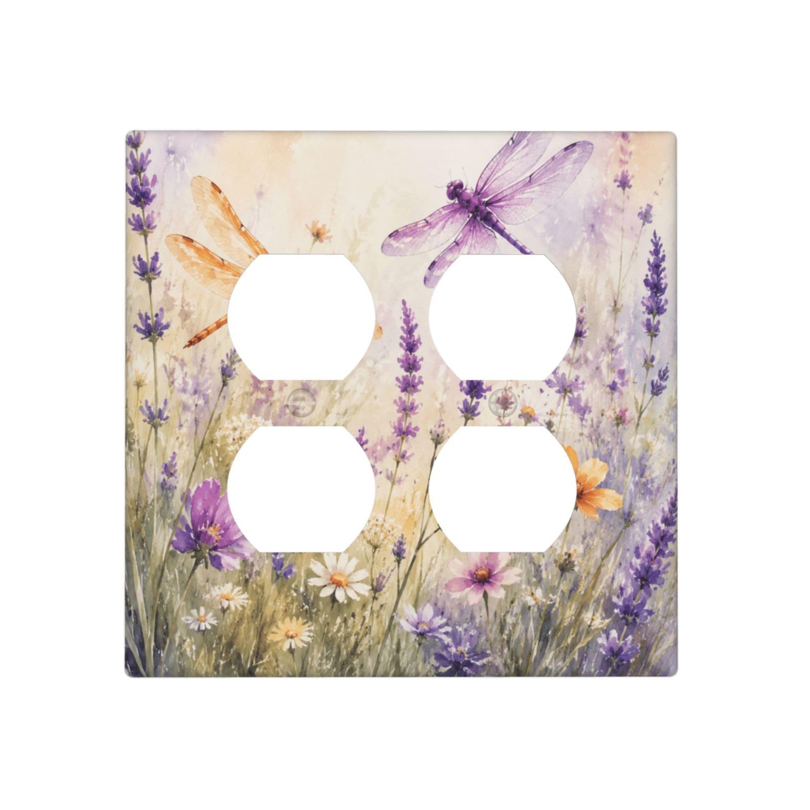 Dwbguo Decorative Outlet Covers Watercolor Dragonfly Lavender Floral 2 Gang Wall Plate Double Duplex Receptacle Vintage Purple Flower Light Switch Covers Switch Plate Cover for Bedroom Home Decor