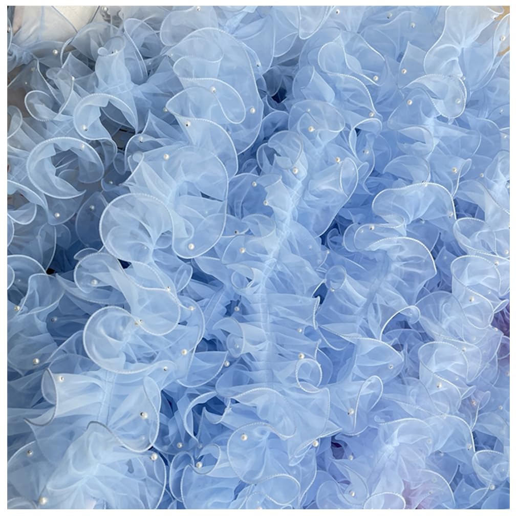 10 Yards 11cm Plissiertes Organzaband Rüschen Spitzenborte mit Perlen Organza Spitzenband Tüll Spitzenstoff Spitzenbordüre für Applikationen Kleidung DIY Nähen Basteln Blau
