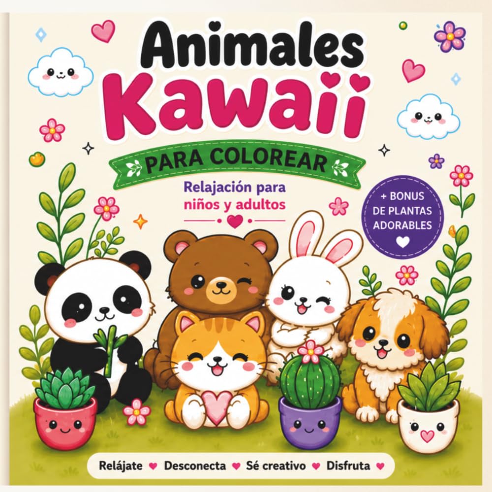 Animales Kawaii para Colorear: Libro relajante para niños y adultos con dibujos fáciles y adorables. Incluye bonus de plantas y flores.